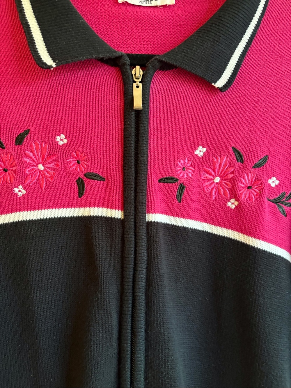 Alia Pink and Black Zip-Up Cardigan Sweater with Floral Embroidery - Picture 4 of 5